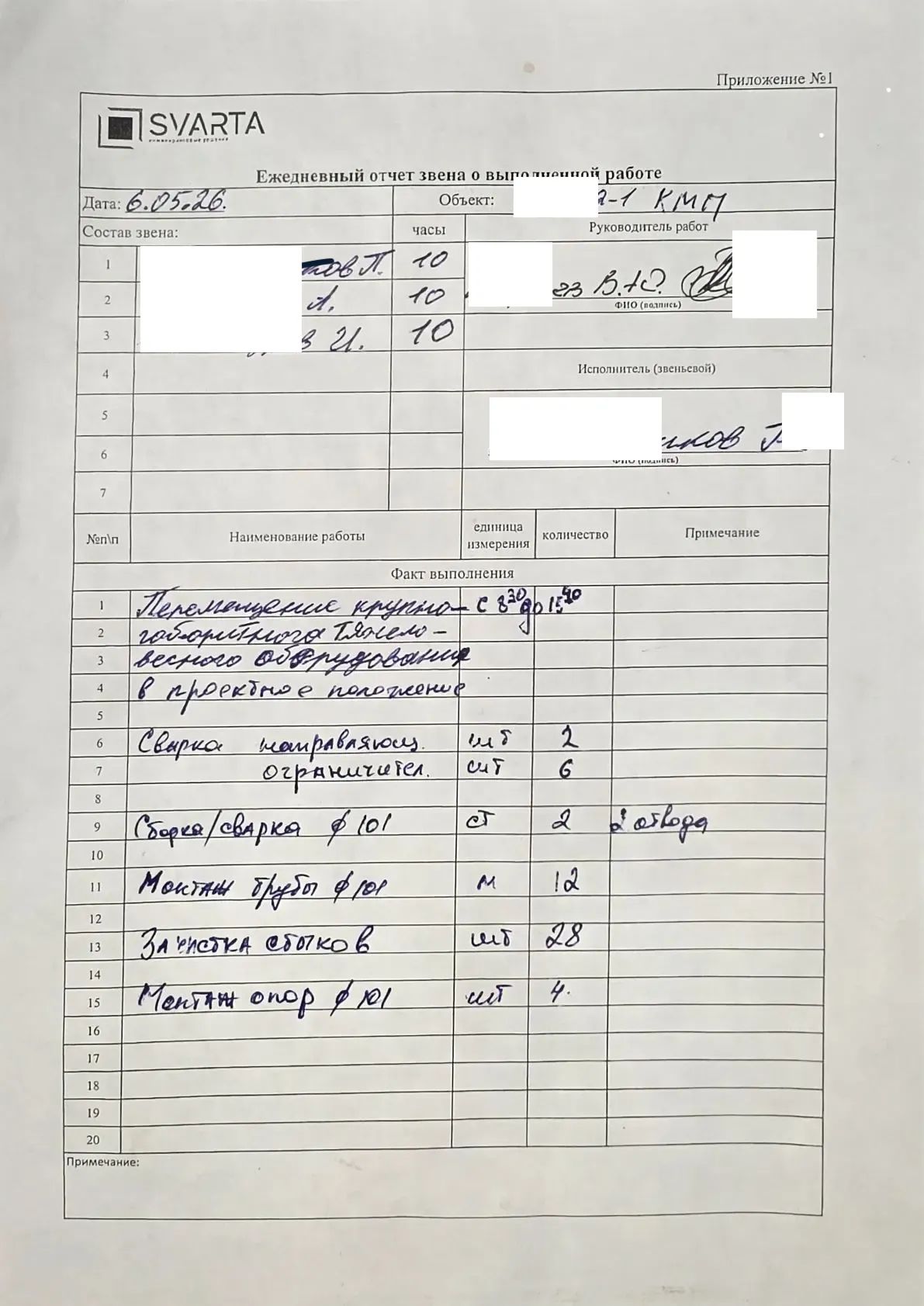 Бумажный «Ежедневный отчёт звена о выполненной работе» SVARTA, заполненный от руки звеньевым